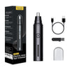 A black electric nose hair trimmer with a charging cable and a protective cap shown in a product box.