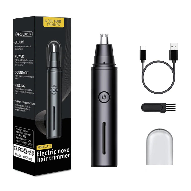 A black electric nose hair trimmer with a charging cable and a protective cap shown in a product box.