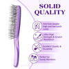 A purple plastic comb with fine teeth is shown next to text highlighting solid quality features for family members.