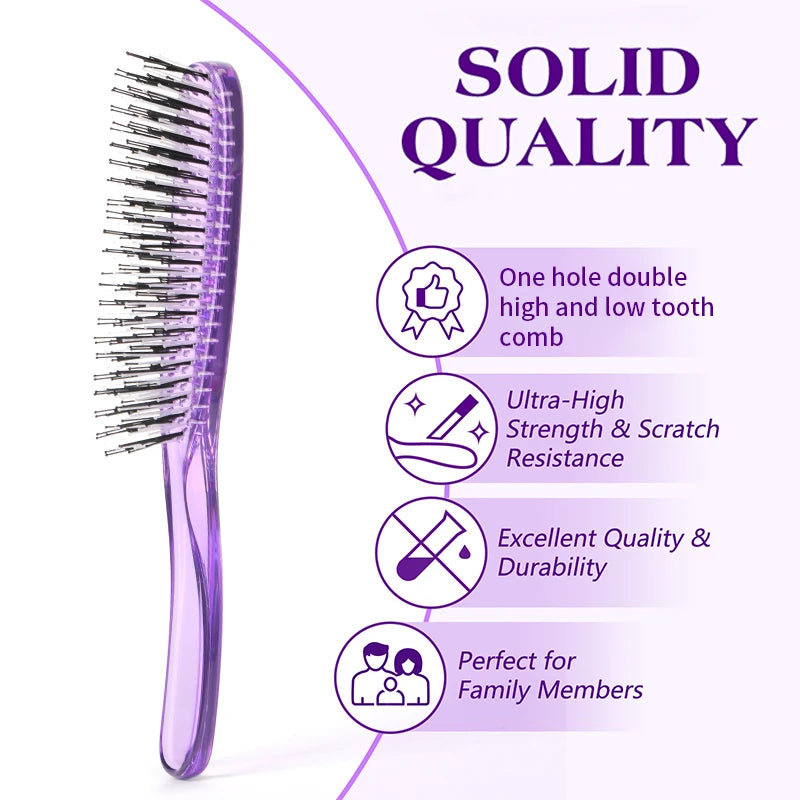 A purple plastic comb with fine teeth is shown next to text highlighting solid quality features for family members.