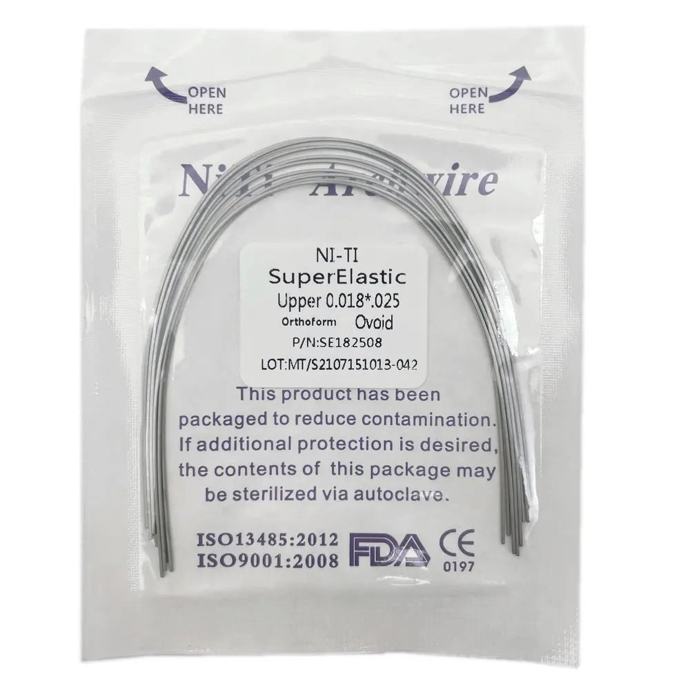 Paquete con arcos ortodónticos SuperElastic NI-TI para tratamiento dental.