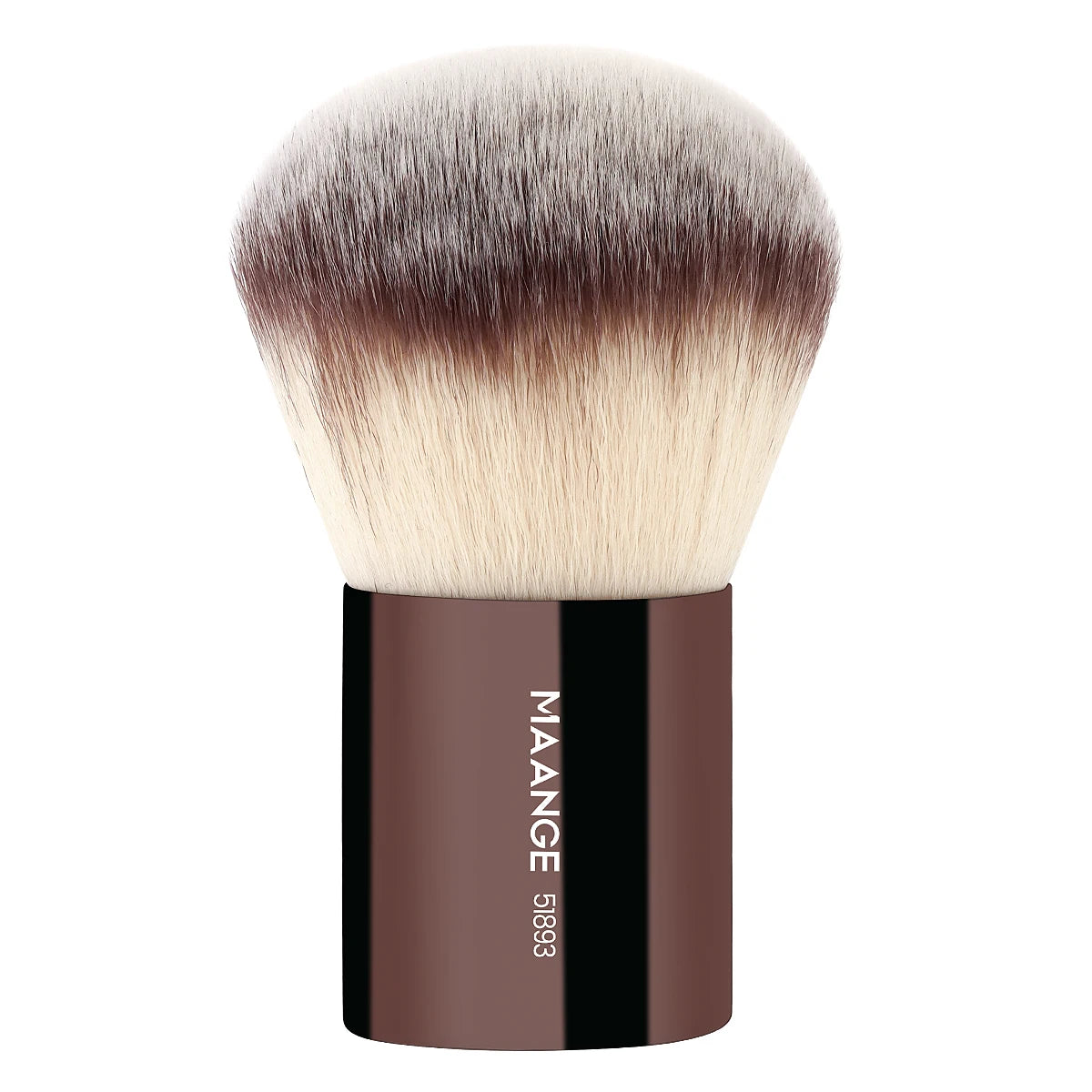 A single, fluffy makeup brush with light gray and beige bristles is shown in a dark metallic holder.