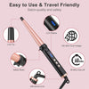 A pink ceramic curling wand with a black handle, showing various features like the cool tip, LCD display, dual voltage, and s