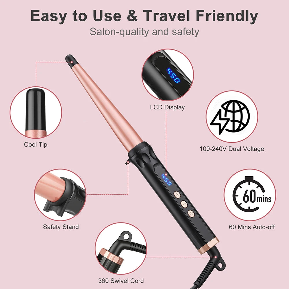A pink ceramic curling wand with a black handle, showing various features like the cool tip, LCD display, dual voltage, and s