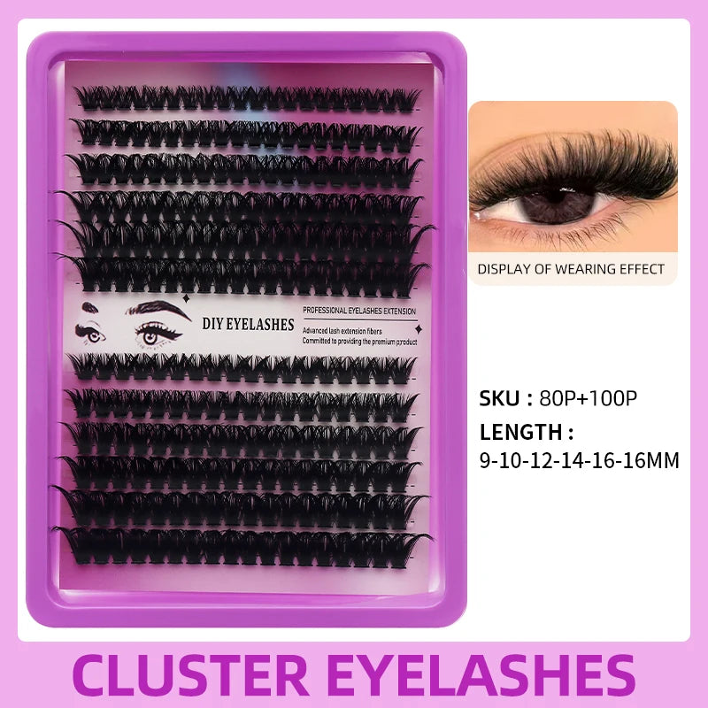 A purple plastic container holding a set of black cluster eyelashes for DIY eyelash extension