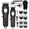 A set of professional cordless hair clippers and scissors in black and silver.