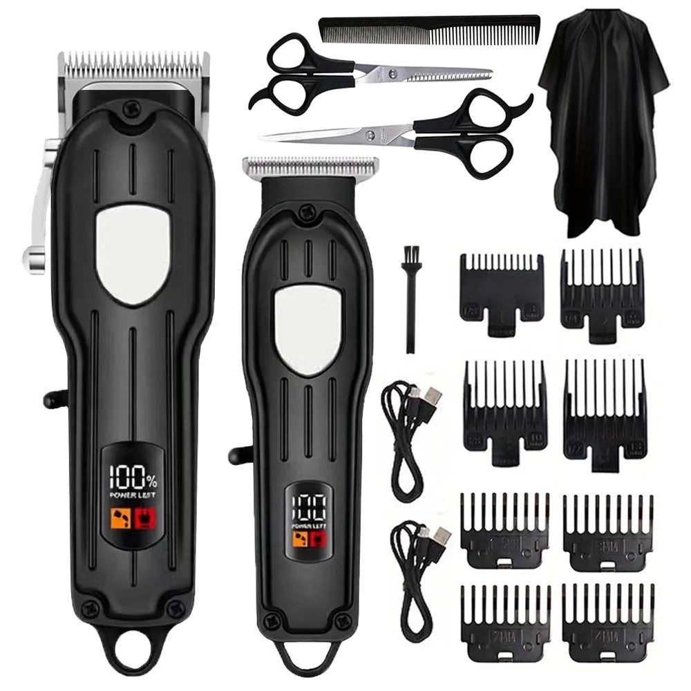 A set of professional cordless hair clippers and scissors in black and silver.