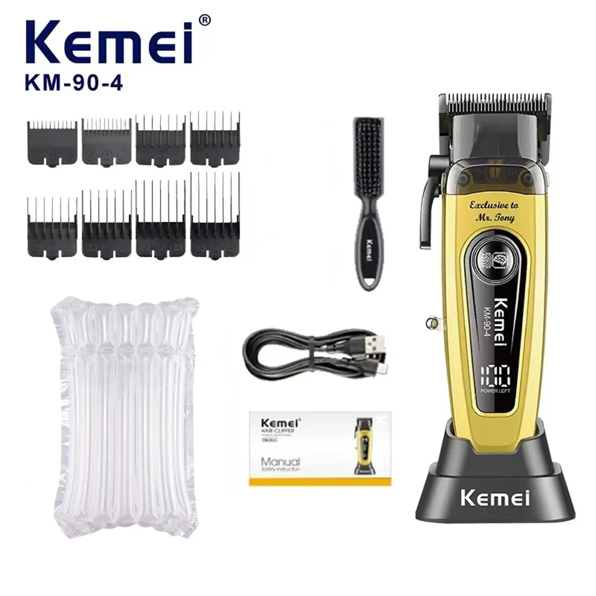 A Kemei KM-90-4 electric hair clipper with multiple attachments and a grooming brush.