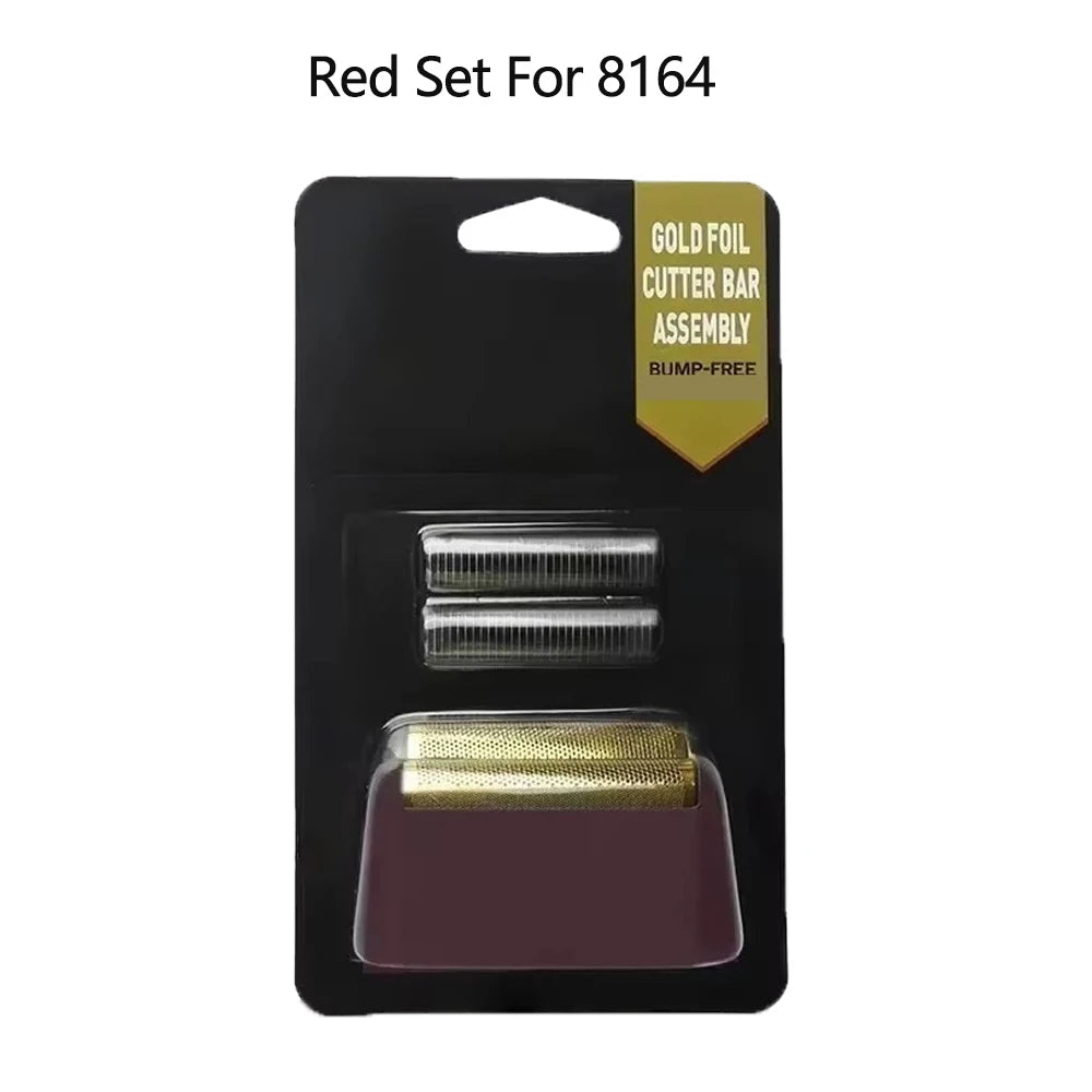 A black packaging set for a gold foil cutter bar assembly and a replacement foil shaver blade set.