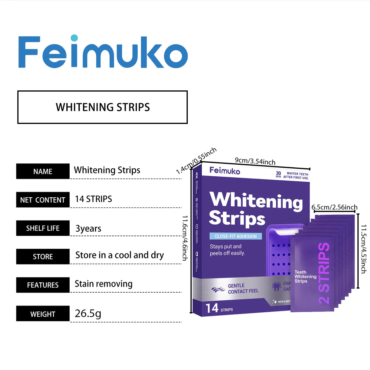 Box of Feimuko Whitening Strips showing 14 strips and product details.