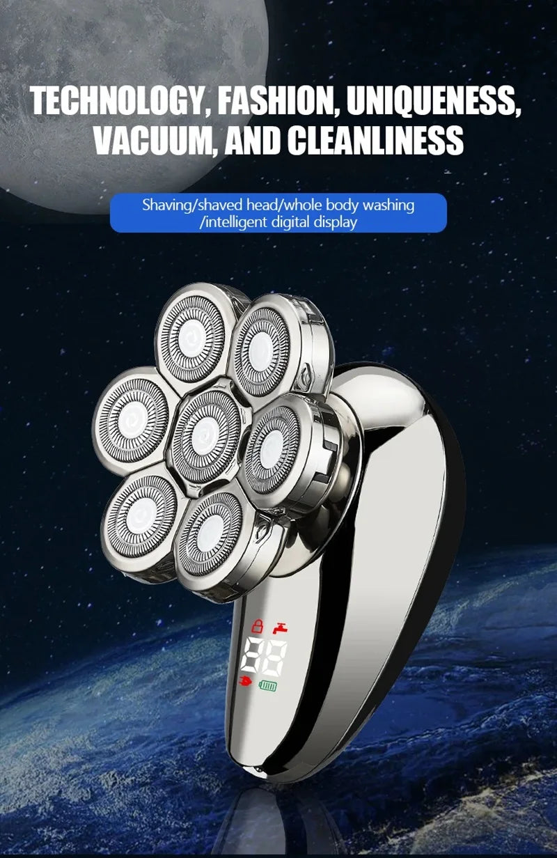 A close-up of a silver electric shaver and grooming kit with multiple rotating heads, set against a dark background with a bl