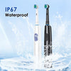 Two white and black electric toothbrushes are shown being splashed by water, highlighting their IP67 waterproof feature.
