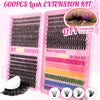 Kit de 600 piezas de extensiones de pestañas con varios colores y estilos para uso casero.