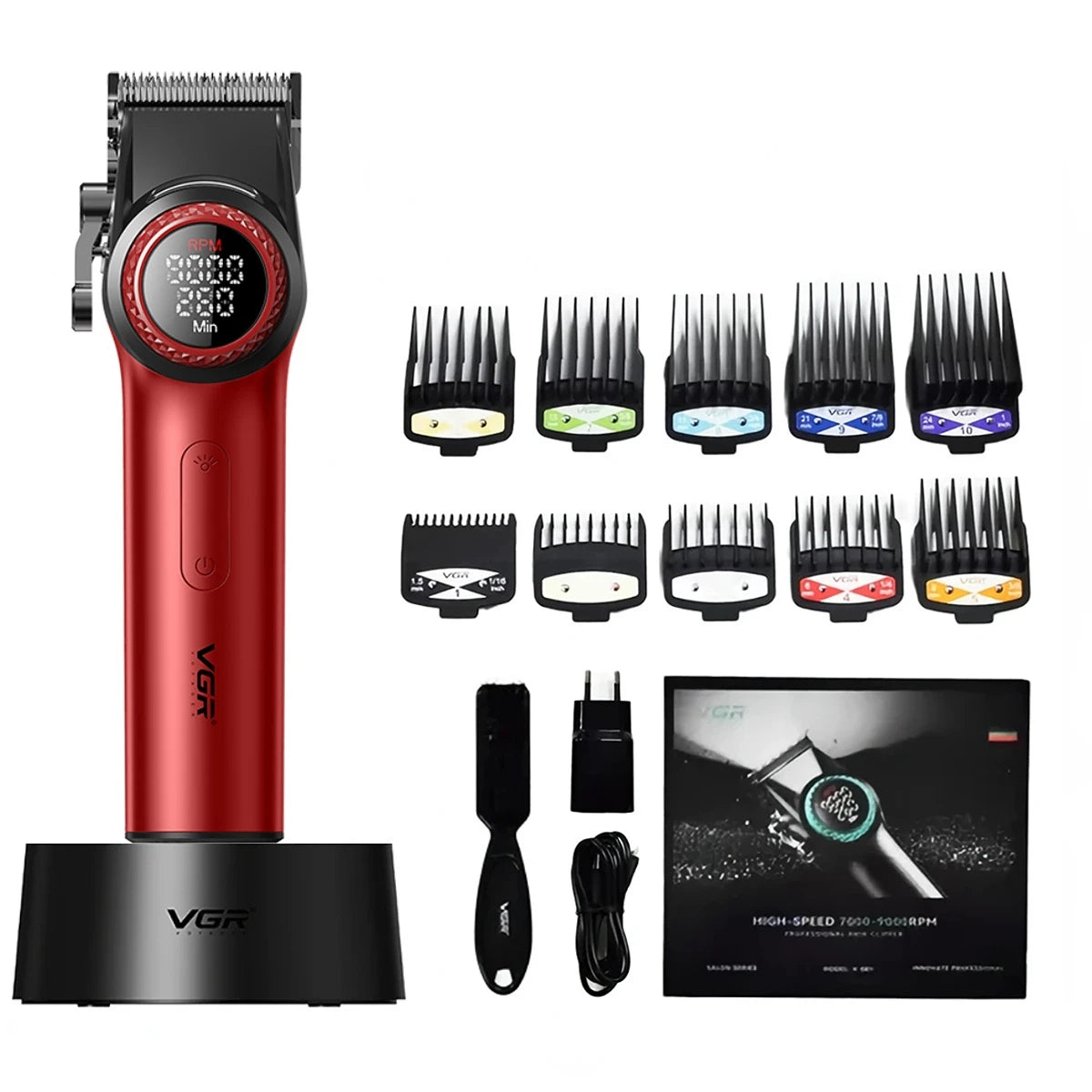 A red and black professional rotary hair trimmer with an adjustable blade and various attachments.