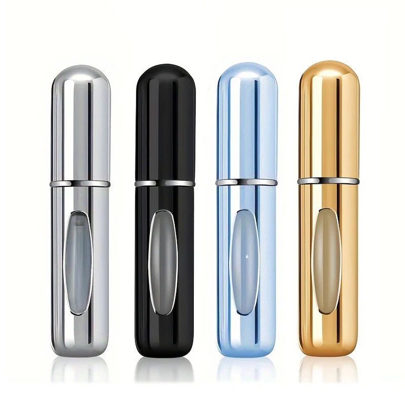 Four metallic perfume bottles in silver, black, blue, and gold finish
