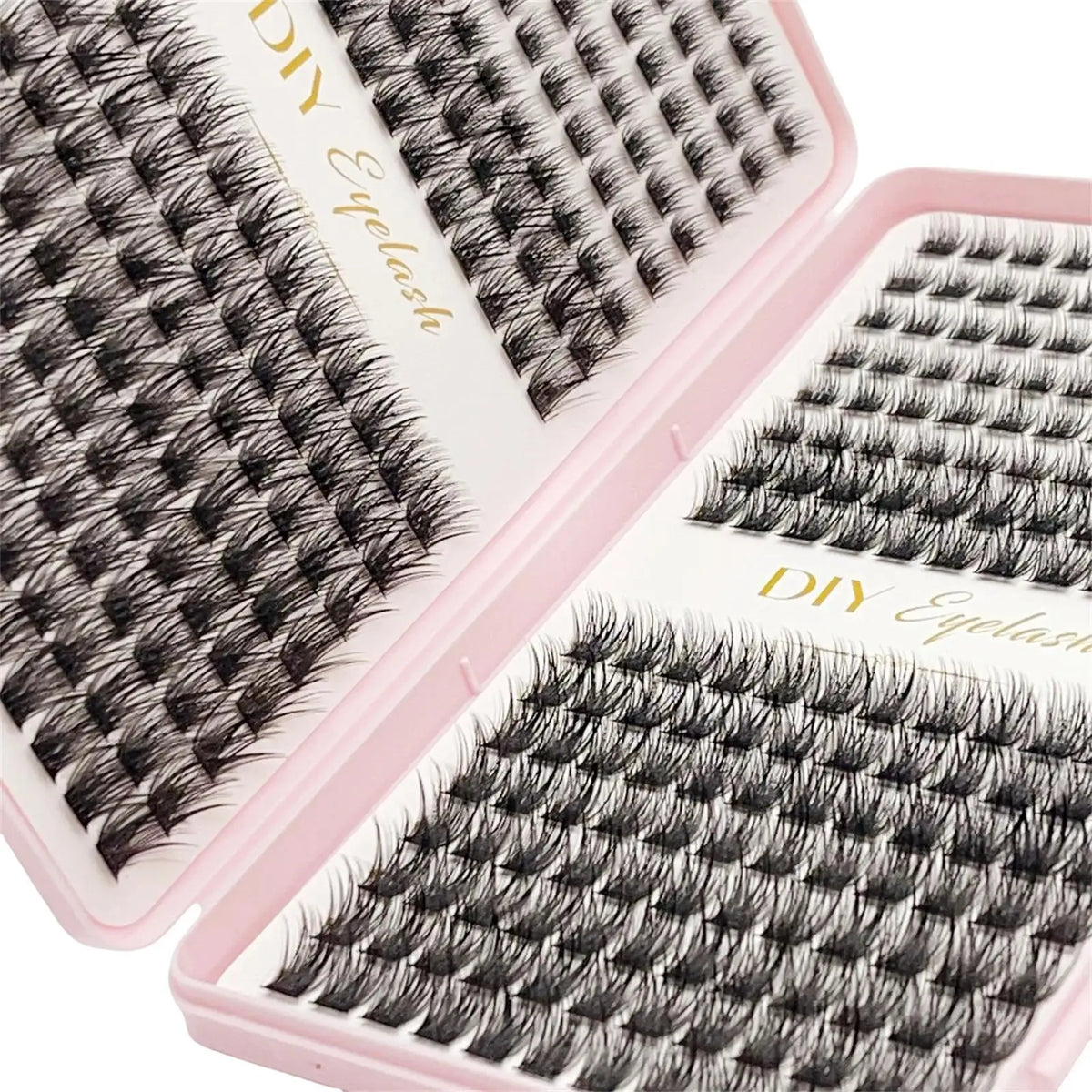 A pink plastic box containing a tool for applying bulk cluster eyelash extensions.