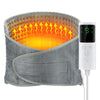 A gray electric heating pad with an orange glow and a digital timer display.