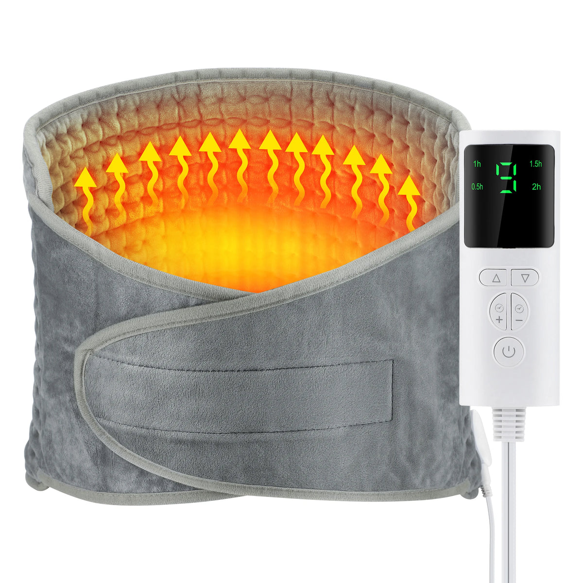 A gray electric heating pad with an orange glow and a digital timer display.