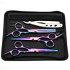 A black case holds professional stainless steel hair cutting scissors and a straight razor.