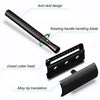 Diagram showing the features of a weighted metal safety razor including an anti-skid design, rotating handle blade, closed cu
