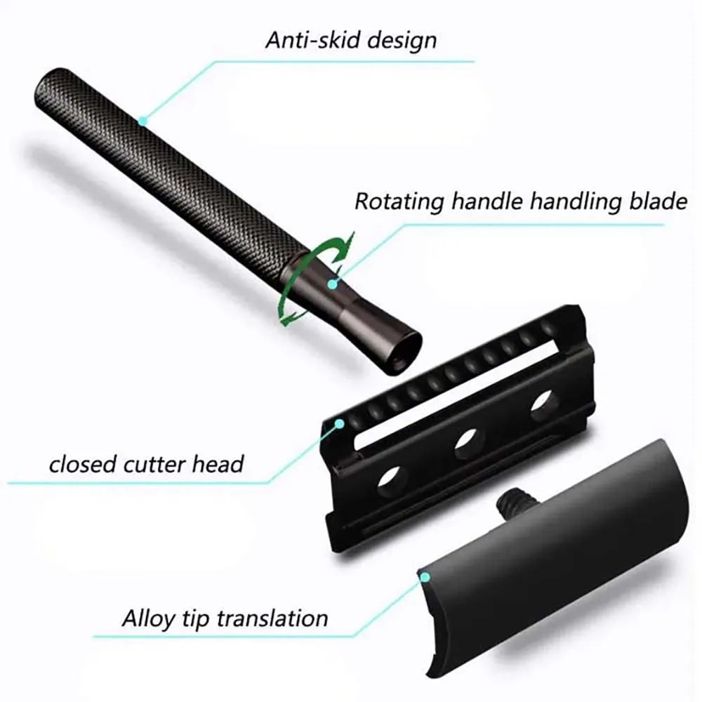 Diagram showing the features of a weighted metal safety razor including an anti-skid design, rotating handle blade, closed cu