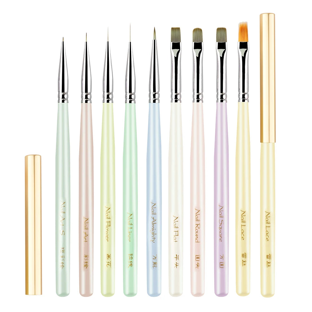 A set of professional nail art brushes in various shades including pink, green, and nude tones.