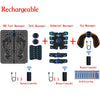 Set of rechargeable EMS massagers including foot, neck, abdominal, and hip massagers with remote controllers and gel pads