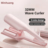 A pink 32MM wave curler with a 3-tube design is shown in a studio setting.