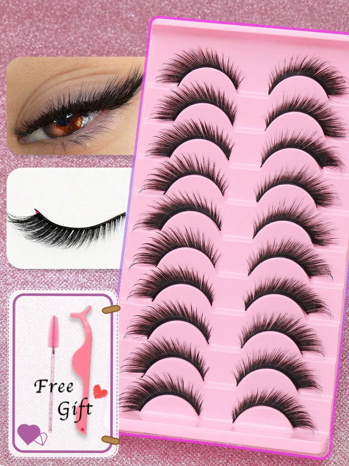 Pinke Plastikschale mit dramatischen Mink-Falschelashs, neben einer Nahaufnahme eines einzelnen Wimperns und einem Herzsymbol