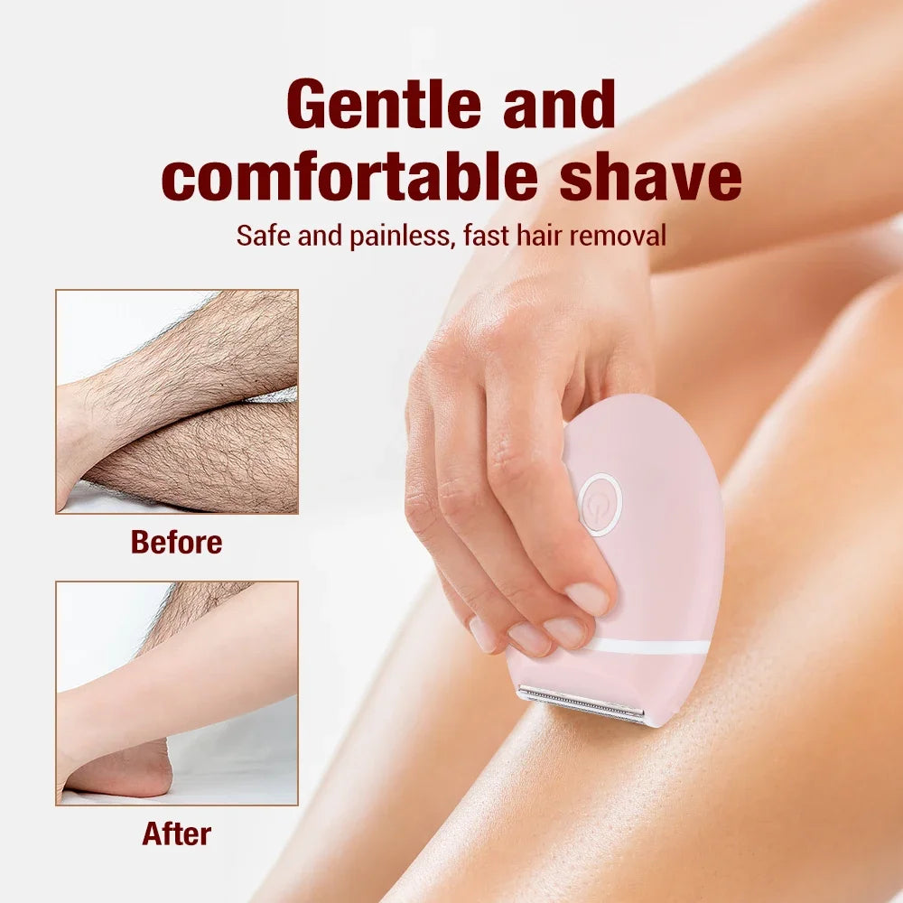 A hand is using a pink electric mini shaver for gentle and comfortable hair removal on skin.