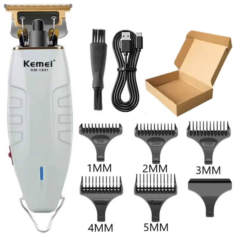 A set of professional cordless hair clipper trimmers with various guard sizes including 1mm to 5mm.