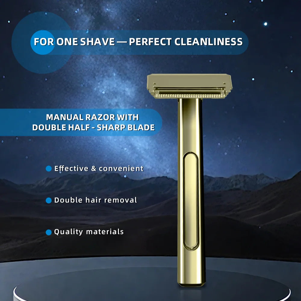 A gold-colored manual razor with a double half sharp blade displayed against a dark, starry background.