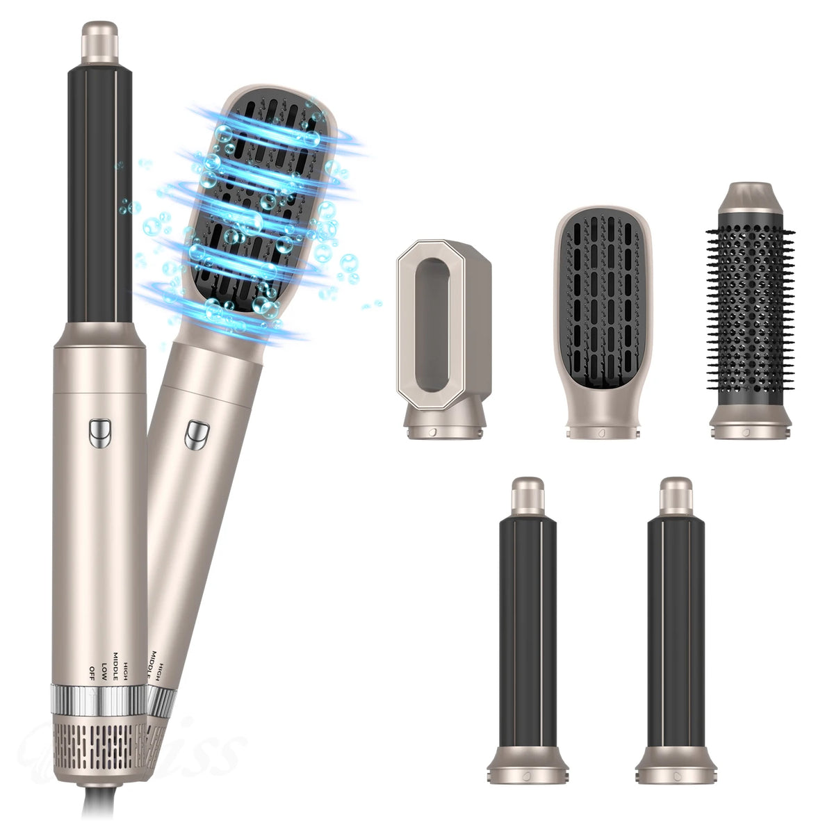 A collection of professional hair dryers and styling brushes in silver and black, including a vertical dryer and various roun