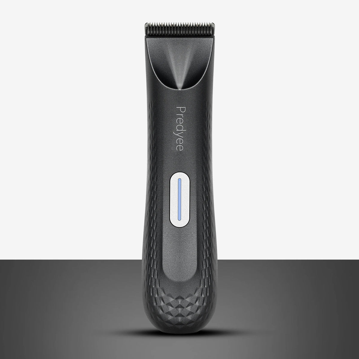 A black Predyee hair trimmer with a textured grip and a blue indicator light.
