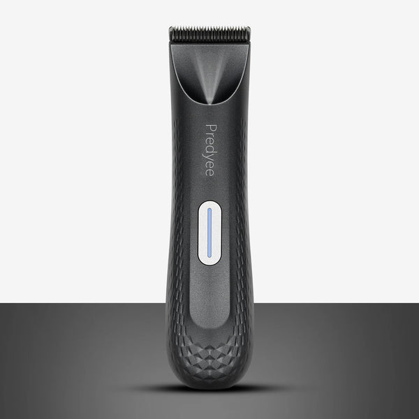 Tondeuse à cheveux noire Predyee avec poignée texturée et voyant bleu.