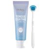 A tube of Oralhoo Tongue Coating cleaning gel and a white tongue cleaning scraper brush.