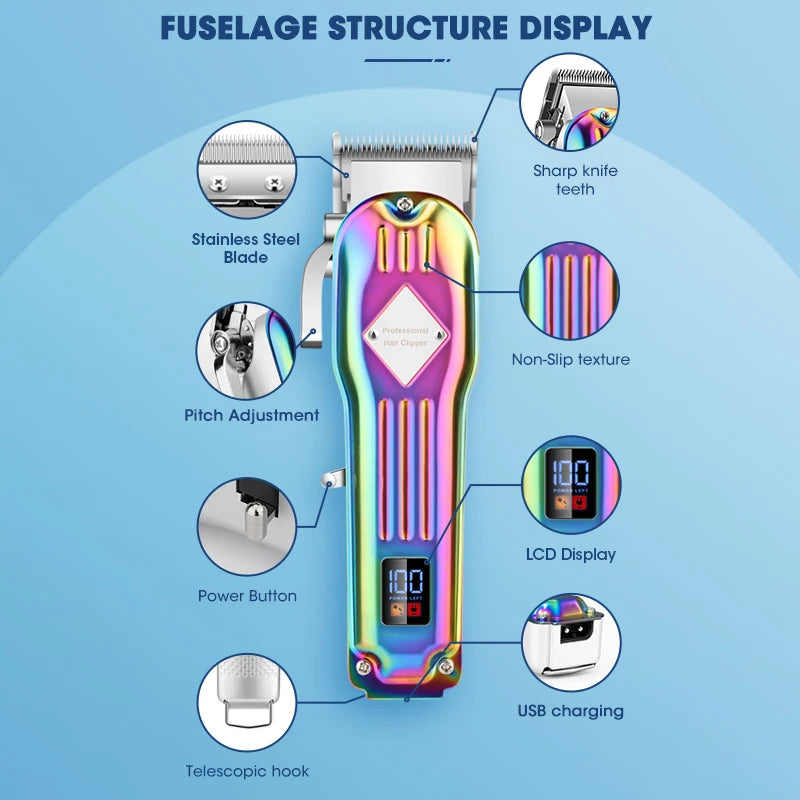 Display of the fuselage structure and features of a professional electric hair clipper shaver.