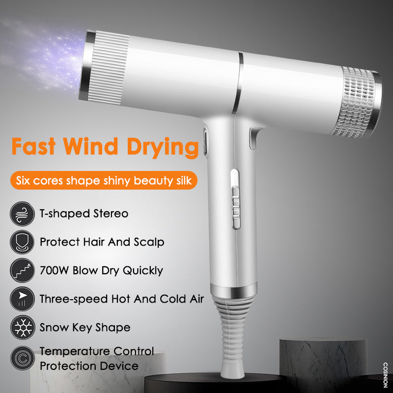 Silver professional infrared blow dryer with a T-shaped nozzle and various features listed.