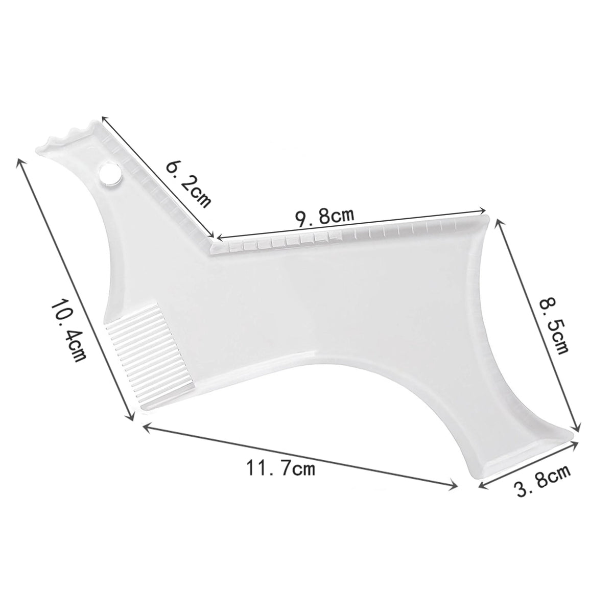 A white beard styling template and comb with various dimensions shown.