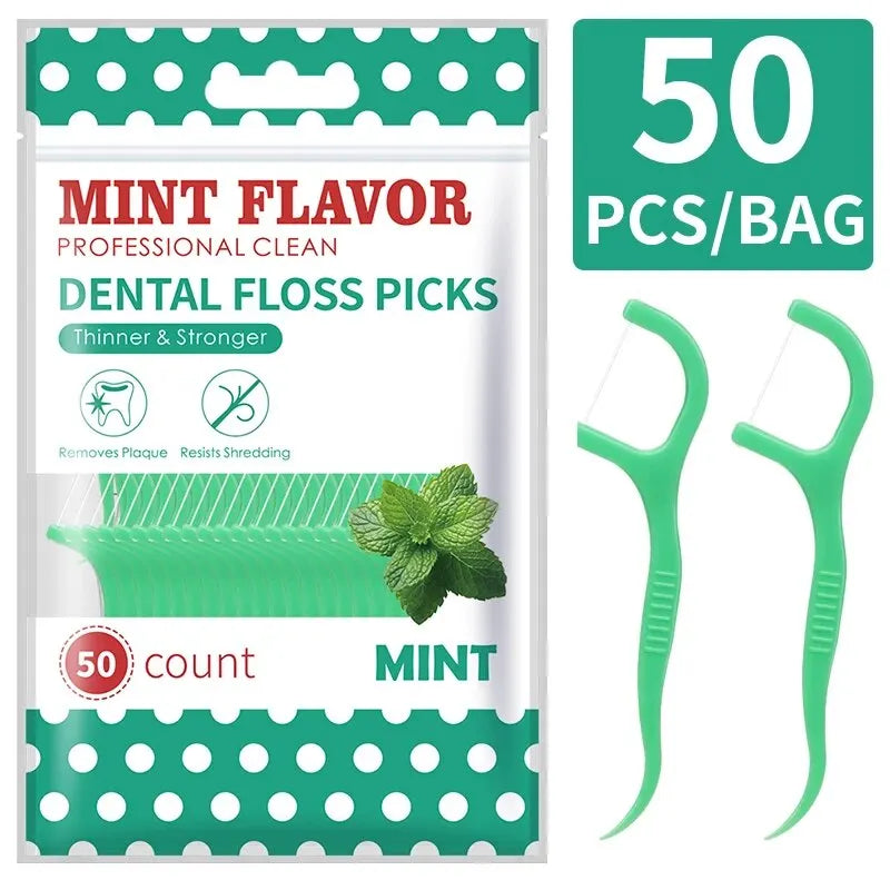 A package of 50 professional clean mint flavor dental floss picks and toothpicks.
