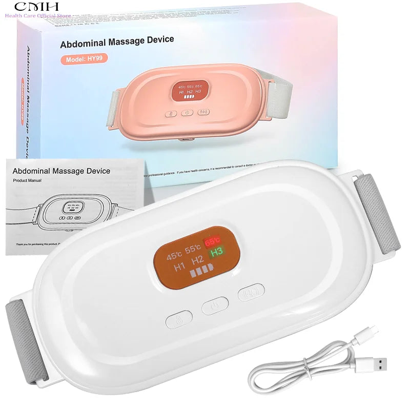 A white heated abdominal massage device and its accompanying cord are shown on a surface.