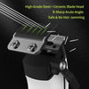 Close-up of a professional rechargeable hair clipper with a high-grade steel and ceramic blade head.