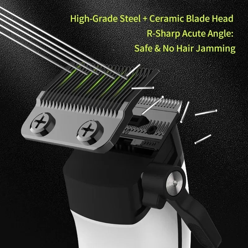 Close-up of a professional rechargeable hair clipper with a high-grade steel and ceramic blade head.