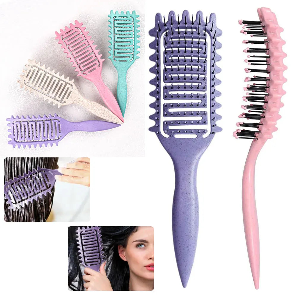 A collection of purple and pink professional curl define styling brushes shown in various angles.