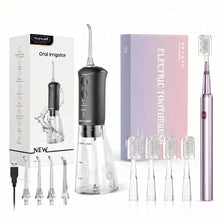 A set of Momwell electric toothbrushes and an oral irrigator device displayed on a white background.