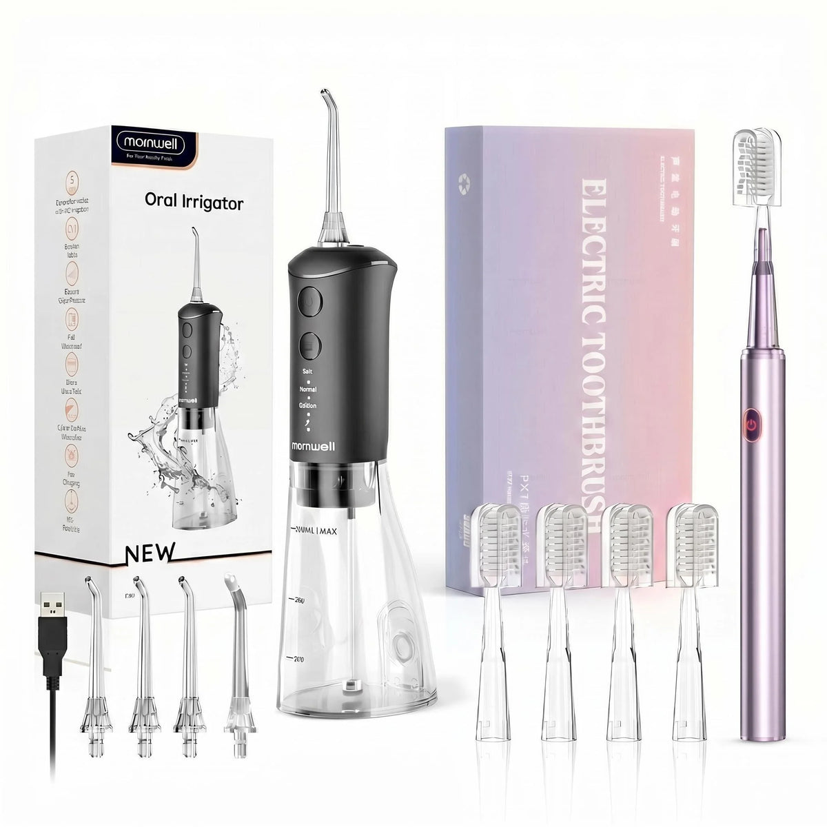 A set of Momwell electric toothbrushes and an oral irrigator device displayed on a white background.