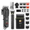 A set of professional cordless electric hair trimmers and grooming tools in black and red.