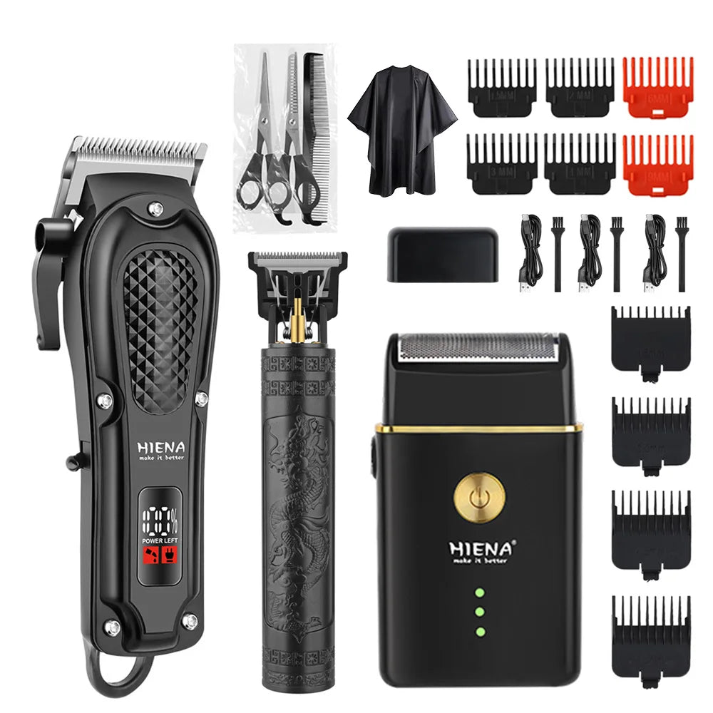 A set of professional cordless electric hair trimmers and grooming tools in black and red.