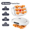 An 18-head fascia gun massage device with orange massage heads and a white handle, shown alongside specifications.