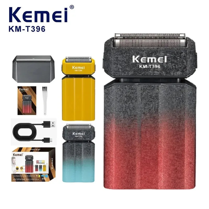 Kemel KM-T396 electric foil shaver in black and yellow packaging with accessories